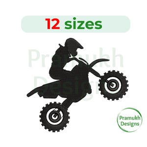 Könnte beinhalten: Schwarze Silhouette einer Person, die ein Dirtbike fährt, mit dem Text "12 Größen" über dem Bild und "Praमुख Designs" unter dem Bild.