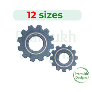 May include: Two gray metal gears, one larger than the other, with a white background. The text "12 sizes" is at the top of the image.