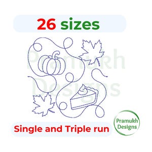 May include: A white background features a blue line drawing of a pumpkin, a slice of pie, and two maple leaves. The text "26 sizes" is above the drawing, and "Single and Triple run" is below. A circular logo is in the lower right.