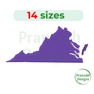 May include: Purple outline of the state of Virginia, with 14 sizes available. The text "14 sizes" is in red above the outline. The text "Pramukh Designs" is in green below the outline.