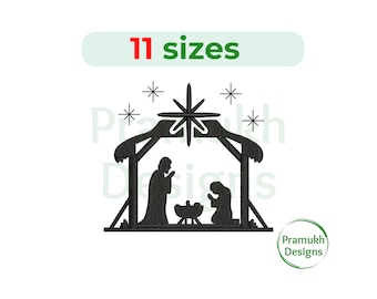 May include: Black and white silhouette embroidery design of the nativity scene with a star above the stable. The design includes Mary, Joseph, and baby Jesus in a manger. The text "11 sizes" is above the design.
