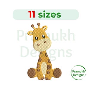 May include: A cute cartoon giraffe with brown spots, sitting down with its legs crossed. The giraffe is yellow with a brown nose and brown eyes. The giraffe is looking to the right. The text "11 sizes" is above the giraffe.