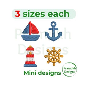 Puede incluir: Diseños náuticos bordados que incluyen un velero, un ancla, un faro y un timón. El texto dice "3 tamaños cada uno" y "Mini diseños". Los diseños son en tonos de azul, rojo y dorado.