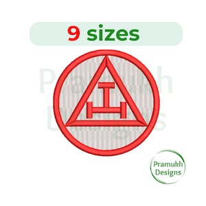 May include: Red and white embroidered patch with a triangle and a symbol inside. The text "9 sizes" is above the patch.