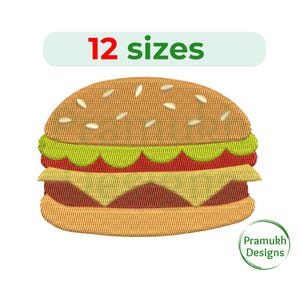 Pode incluir: Desenho bordado de um hambúrguer com pão de gergelim, alface, tomate, queijo e um hambúrguer de carne. O design está disponível em 12 tamanhos.
