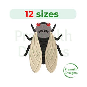 May include: An embroidered design of a fly with tan wings, black body, and red eyes. The text "12 sizes" is above the fly. The design is on a white background. The logo "Pramukh Designs" is in the lower right corner.