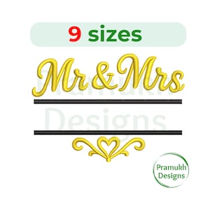 May include: Gold embroidered "Mr & Mrs" design with a heart accent, ideal for wedding crafts. The design includes the text "9 sizes" in red and the text "Pramukh Designs" in a green circle.