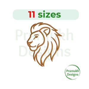 May include: A line drawing of a lion's head in profile, rendered in shades of brown. The text "11 sizes" is above the lion, and the logo "Pramukh Designs" is in the lower right corner.
