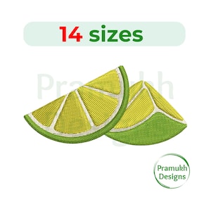 Op de afbeelding: Geborduurd ontwerp van twee limoenpartjes met groene en gele stiksels. Het ontwerp bevat de tekst "14 maten" in rood en groen, en het logo "Pramukh Designs".