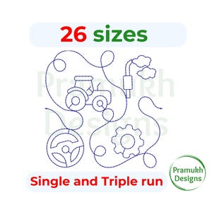 Puede incluir: Ilustración de línea de un tractor con una sola rueda, un engranaje y un diseño de línea curva. El texto "26 tamaños" y "Carrera simple y triple" también se incluye en la imagen.