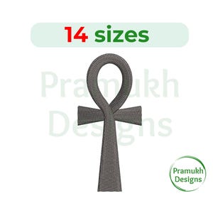 May include: Ankh symbol embroidery design in gray, available in 14 sizes. The design features the traditional Egyptian symbol of life and immortality.
