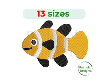 Disegno da ricamo a forma di pesce pagliaccio (1,5–7,5 pollici) – Mini sagoma di pesce, animale marino, punto pieno, download immediato
