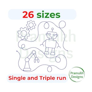 May include: White background with a blue line drawing of a robot, gears, and an industrial arm. The text "26 sizes" is in red and green. The text "Single and Triple run" is in red. A green circle with the text "Pramukh Designs" is in the lower right.