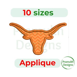 May include: An orange and light orange chevron patterned longhorn steer head applique design with a thick orange stitched border. The text 10 sizes is displayed above the design and the word Applique is displayed below the design.