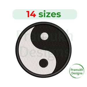 Puede incluir: Diseño de bordado de símbolo yin yang en blanco y negro en 14 tamaños. El diseño es circular con una mitad negra y una mitad blanca, cada una con un círculo más pequeño del color opuesto.