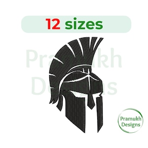 May include: Black and white embroidery design of a Spartan helmet with a plume. The design is available in 12 sizes.