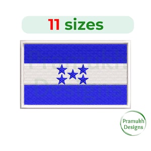 May include: Embroidered patch of the Honduran flag. The flag is blue with a white stripe in the middle and five blue stars on the white stripe. The patch is surrounded by a white border. The text "11 sizes" is above the patch.
