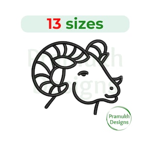 Może przedstawiać: Czarno-biała liniowa ilustracja głowy barana z zakręconymi rogami. Obraz zawiera tekst "13 rozmiarów".