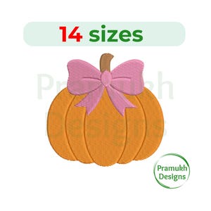 May include: An embroidered orange pumpkin with a pink bow and a brown stem. The image includes the text "14 sizes" above the pumpkin and a circular logo with the text "Pramukh Designs".