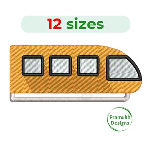 May include: Yellow train carriage embroidery design with three square windows and one angled window. The design includes the text "12 sizes" in red and the "Pramukh Designs" logo.