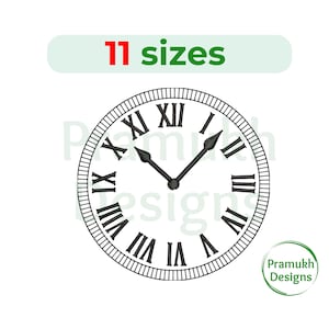 May include: A black and white clock face with Roman numerals. The clock face is surrounded by a black circle with a white border. The clock hands are black and point to the 3 o'clock position. The text "11 sizes" is written in red and green above the clock.