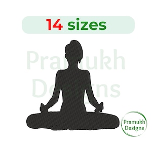 May include: Black silhouette of a person sitting in a yoga pose. The image includes the text "14 sizes" and "Pramukh Designs".
