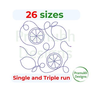 May include: A digital embroidery design of lemons and lemon slices in a swirling pattern. The design is available in 26 sizes and can be stitched in a single or triple run. The text "26 sizes" and "Single and Triple run" is included in the design.