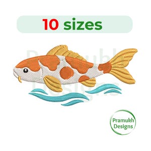 May include: Embroidered koi fish design in orange, white, and gold, with blue water waves. The text "10 sizes" is above the fish. The design is from Pramukh Designs.
