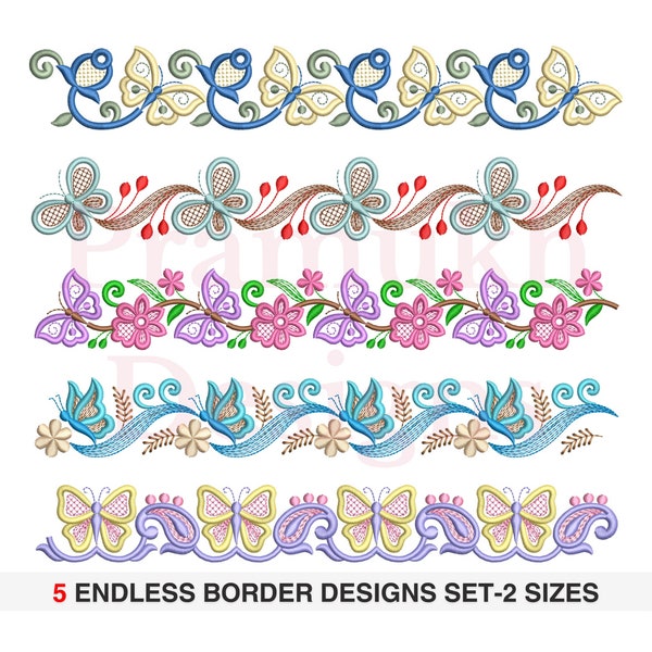 5 butterfly Embroidery Border Designs Bundle - 2 Sizes - instant digital download
