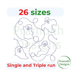 May include: A blue line art embroidery design featuring three ghosts connected by a continuous swirling line. The text 26 sizes appears at the top, and Single and Triple run is at the bottom. A circular logo for Pramukh Designs is visible.