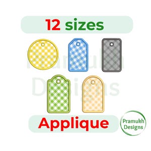 May include: An image featuring six applique designs in various shapes: a circle, two tag shapes, and a rectangle. Each design has a gingham pattern in yellow, blue, gray, green, and peach. The text "12 sizes" and "Applique" are also present.