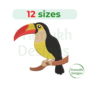 May include: Embroidered toucan bird design with a large red and yellow beak, black body, and yellow chest, perched on a brown branch. The image includes the text "12 sizes" and the Pramukh Designs logo.