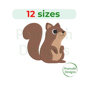 May include: Brown cartoon squirrel embroidery design with 12 sizes available.