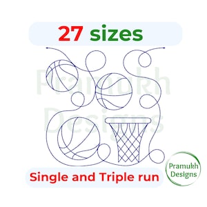Puede incluir: Un diseño de bordado digital que presenta tres balones de baloncesto y una canasta conectados por líneas continuas en espiral. El texto 27 sizes aparece en la parte superior y el texto Single and Triple run en la parte inferior en rojo.