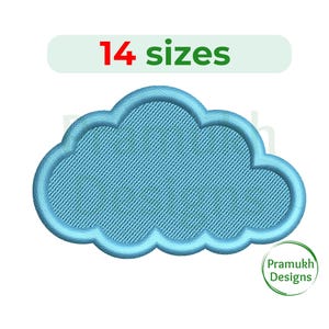 Peut inclure: Motif de broderie en forme de nuage bleu clair avec un aspect texturé. Le motif est souligné d'une bordure bleu plus foncé. Le texte "14 tailles" est au-dessus du nuage, et le logo Pramukh Designs est en bas à droite.