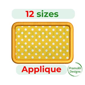 May include: A yellow applique with white polka dots, framed in gold. The text "12 sizes" is above the applique, and "Applique" is below. The design includes the "Pramukh Designs" logo.