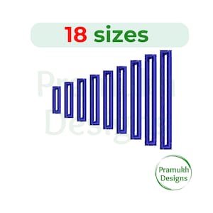 Peut inclure: Image présentant une série de rectangles bleus verticaux de différentes hauteurs, disposés en ordre décroissant. Le texte "18 tailles" est affiché en rouge et vert au-dessus des rectangles. L'image comprend également un logo avec le texte "Pramukh Designs".