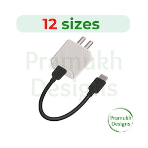 May include: A white USB charger with a black cable and connector. The text "12 sizes" is above the charger in red and green. The logo "Pramukh Designs" is in a green circle.