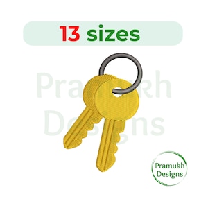May include: Two gold-colored keys on a silver key ring. The keys are detailed with ridges and curves. Above the keys, the text reads "13 sizes" in red and green. A green circular logo with the text "Pramukh Designs" is in the lower right corner.