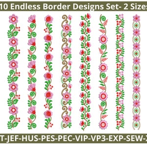 May include: Ten embroidery designs for endless borders in two sizes. The designs feature pink and red flowers with green leaves.
