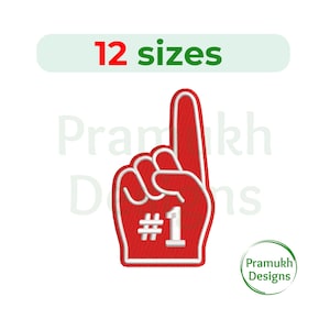 May include: Red foam hand with the number one and the text "#1" in white. The hand is outlined in white and has a raised index finger. The text "12 sizes" is above the hand.