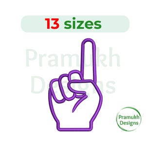 Könnte beinhalten: Lilafarbener Umriss einer Hand mit dem Zeigefinger nach oben. Der Text "13 Größen" befindet sich über der Hand.