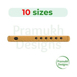 May include: A tan flute with black holes, the text "10 sizes" in green and red, and the text "Pramukh Designs". The flute is a musical instrument.