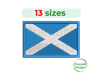 May include: Embroidered patch of the Scottish flag, featuring a white diagonal cross on a blue background. The patch is surrounded by a blue border. The text "13 sizes" is displayed above the patch.