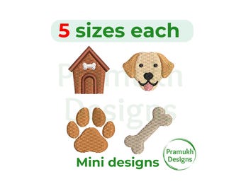 Conjunto de bordados de mini labrador (2,5 a 5 cm) – Casinha de cachorro, rosto, pata, osso, arquivo digital para download instantâneo