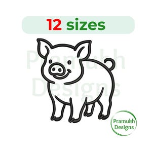 May include: A black and white line drawing of a smiling pig. The image includes the text "12 sizes" in red and green, and a circular logo with the text "Pramukh Designs".