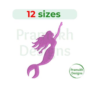May include: Pink silhouette of a mermaid with her arm raised, with the text "12 sizes" and "Praamuk Designs" in the background.
