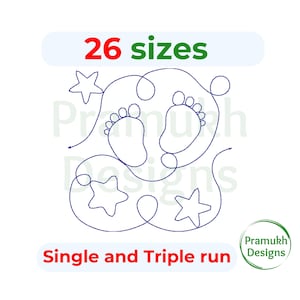 Puede incluir: Un diseño de bordado de línea azul que presenta dos huellas de pies de bebé rodeadas por tres estrellas y una línea sinuosa continua. El texto 26 sizes y Single and Triple run es visible. Un logotipo circular con el texto Pramukh Designs está presente.