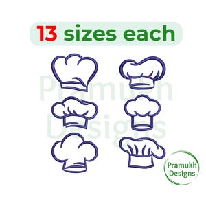 May include: A set of 13 different sizes of chef hat embroidery designs. The hats are outlined in blue and are in various sizes.