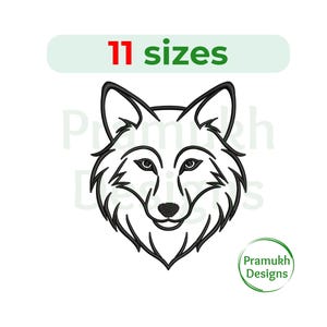 May include: Black and white line art embroidery design of a wolf's head. The design is available in 11 sizes.
